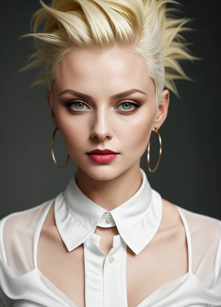 portrait of sks woman by Flora Borsi, style by Flora Borsi, bold, bright colours, blonde Mohawk haircut,wearing white silk shirt, ((Flora Borsi)), 