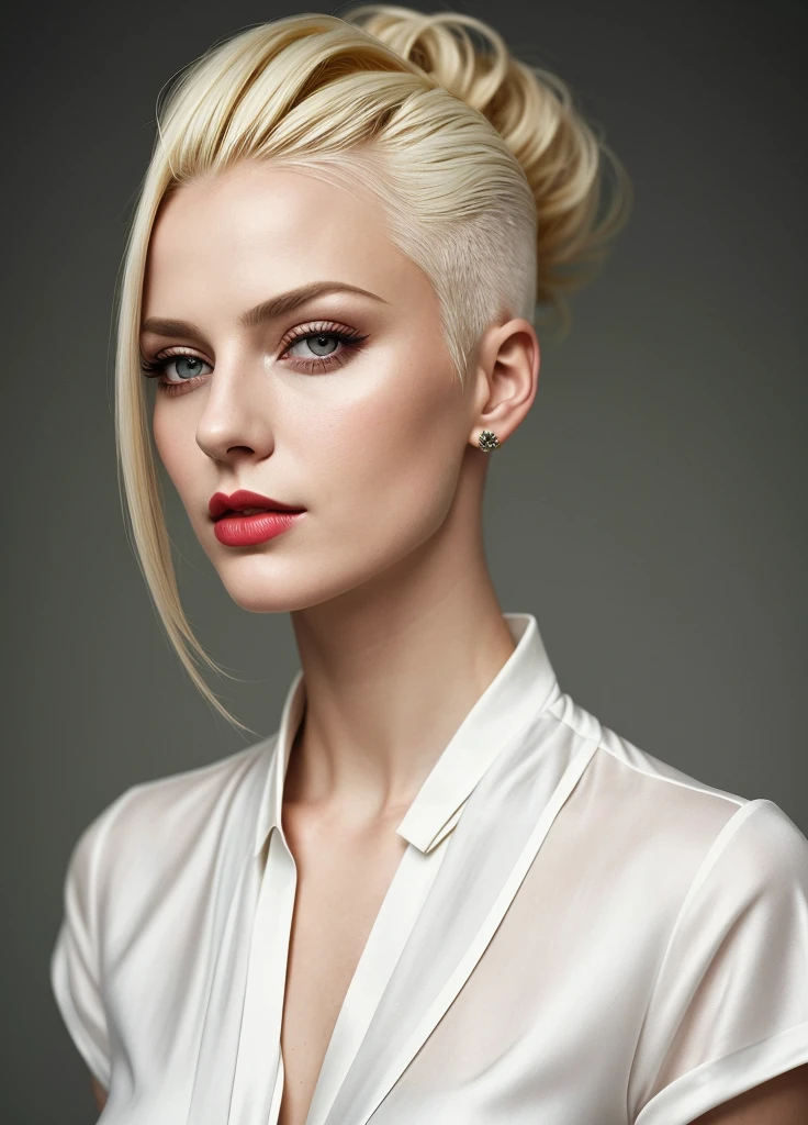 portrait of sks woman by Flora Borsi, style by Flora Borsi, bold, bright colours, blonde Mohawk haircut,wearing white silk shirt, ((Flora Borsi)), 