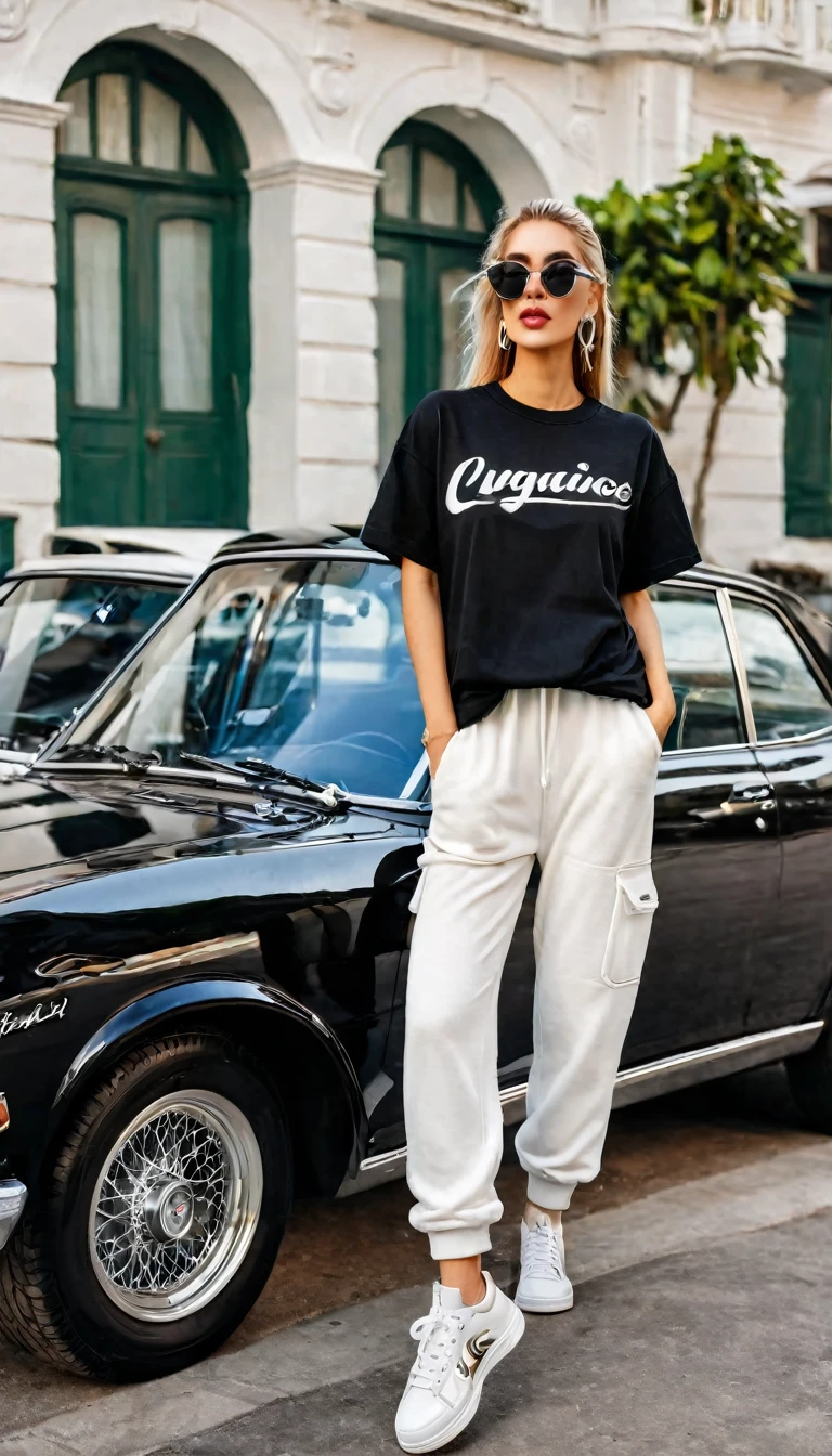 A trendy young woman standing next to a vintage car, dressed in a black oversized tee with white lettering, loose white sweatpants, and stylish white sneakers. She sports oversized sunglasses, hoop earrings, and a crossbody bag. The urban background includes the car, a street, and city buildings.