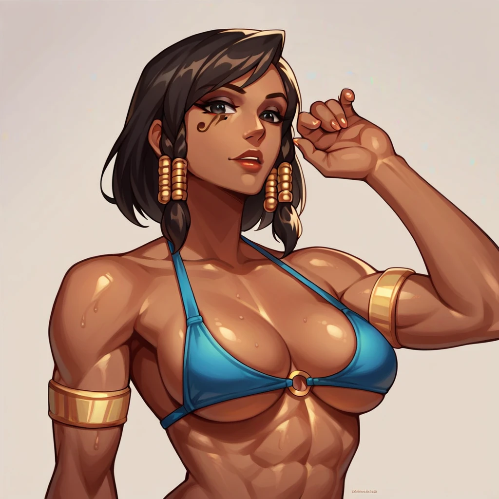 1 girl, pharah from overwatch, masterpiece, best quality, very aesthetic, source_anime, (dark skinned:1.5), bare body, black eyes, big breasts, bikini, portrait 