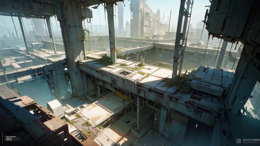 a futuristic abandoned cosmodrome, medical facility, aerial view, intricate architecture, advanced technology, decaying structures, overgrown vegetation, sunlight streaming through windows, shafts of light, atmospheric lighting, cinematic composition, muted color palette, sense of abandonment and decay, photorealistic, 8k, highly detailed