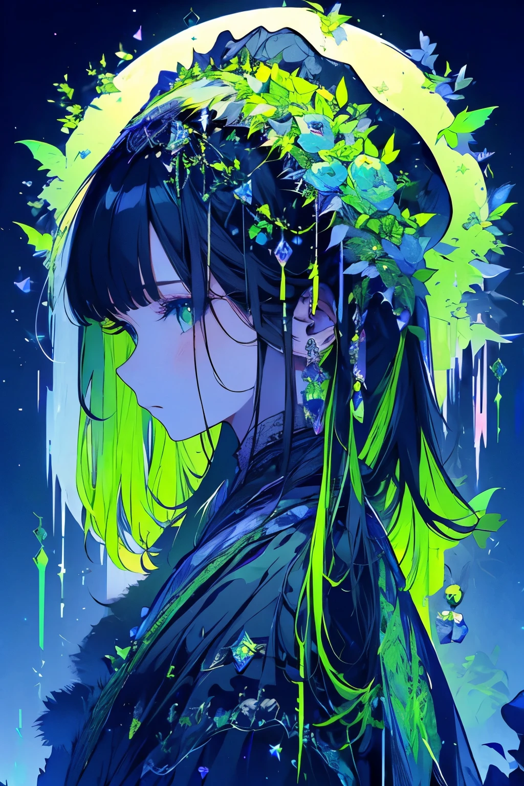3D render of two people, one is an Asian woman with long black hair and a white dress decorated in the style of diamonds and silver jewelry wearing a headpiece made of crystal jewels and antlers standing in front of snowy mountains next to a lake at night, another person has skin covered in scales like wolf's fur, he wears a dark robe adorned in the style of glowing green gemstones and leaves on his body, both characters stand side by side against each other and look into the camera, green northern lights in the sky, in a fantasy style.