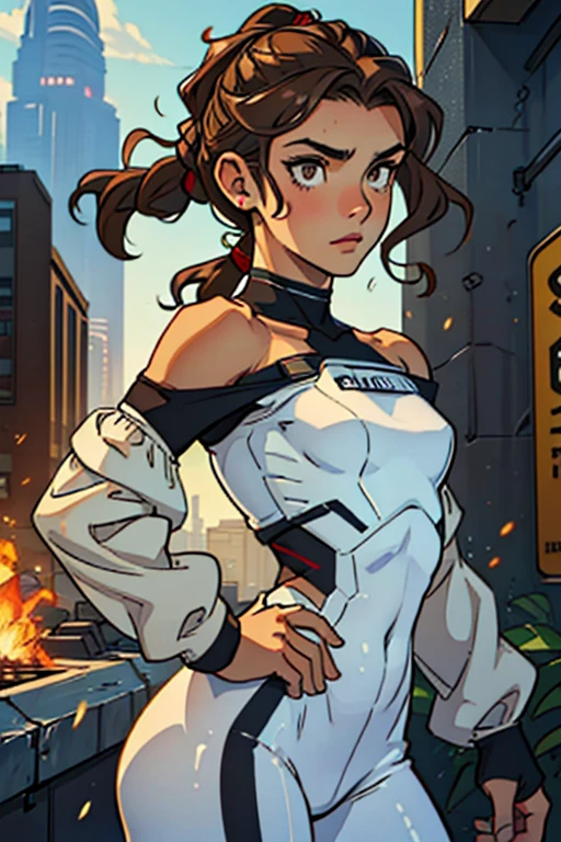 (Caucasian teenager), 18 years old, hazel eyes, (wavy brown hair), (hair tied back), medium hair, small breasts. She wears a white, off-the-shoulder sci-fi suit, bare shoulders, solo, fight