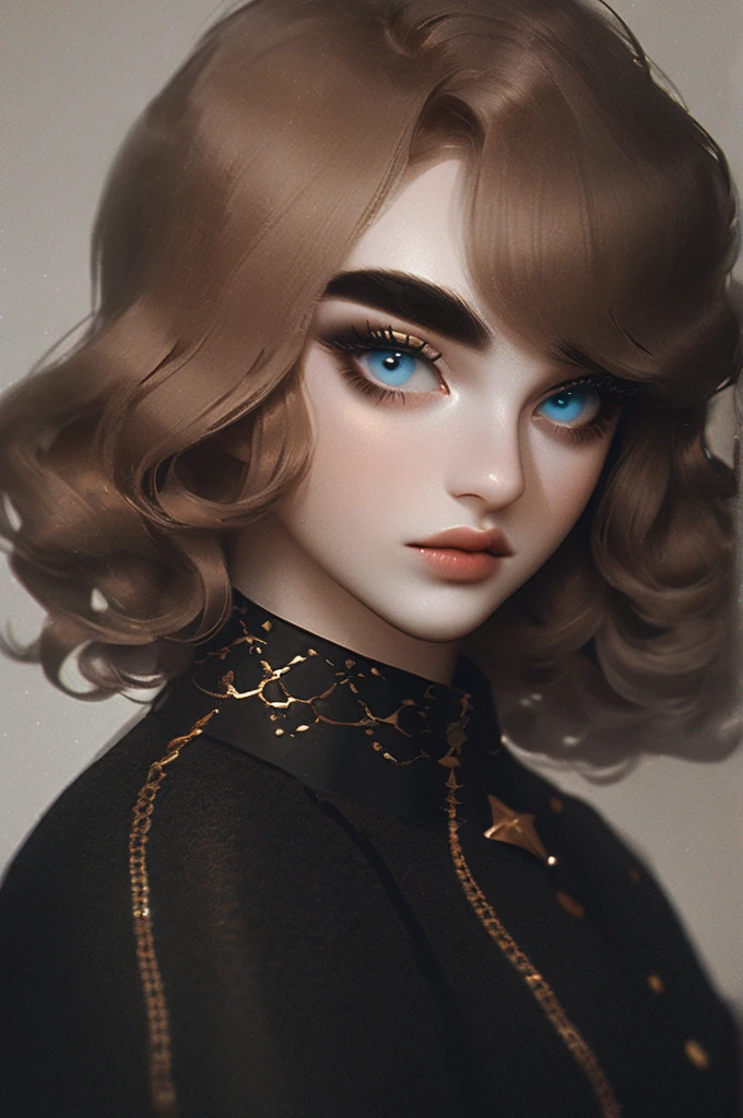 ((Лучшее качество)), ((шедевр)), (подробный), a girl with blue eyes and brown hair, plump lips with dark eyebrows and black eyelashes