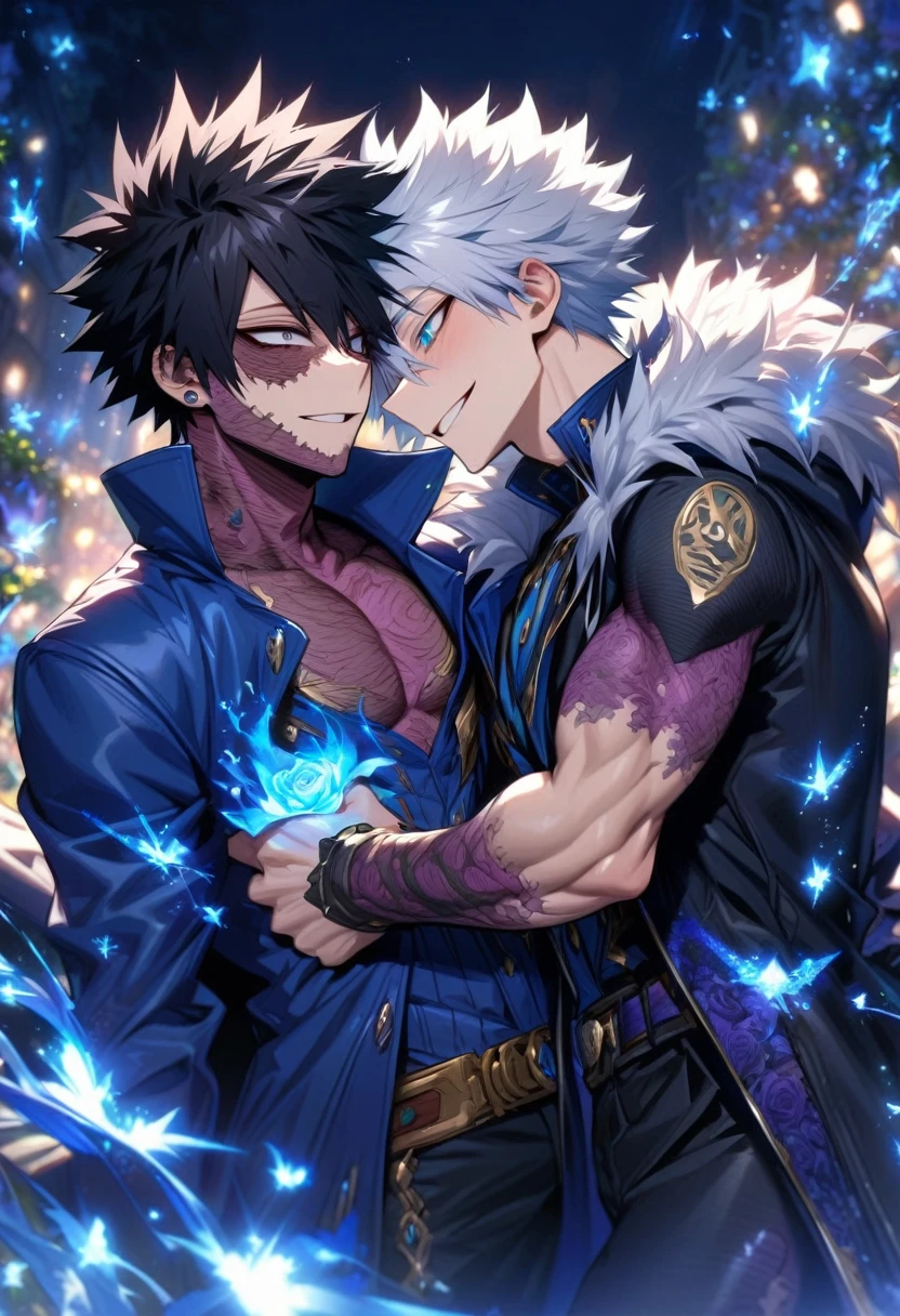 (absurdres, highres, ultra detailed, HDR) master piece, best quality, extremely detailed face, delicated features, Dabi, black hair, expressive turquoise eyes, Boku No Hero Academia, Gojou Satoru, white hair, expressive blue eyes, white eyelashes, two sexy men together, yaoi, gay couple, handsome, smile, black coat, blue coat with fur, magical fantasy, glittering, sparkling, blue roses, radiant, blue sparkling fireflies, blue fire, envy magical, fantasy