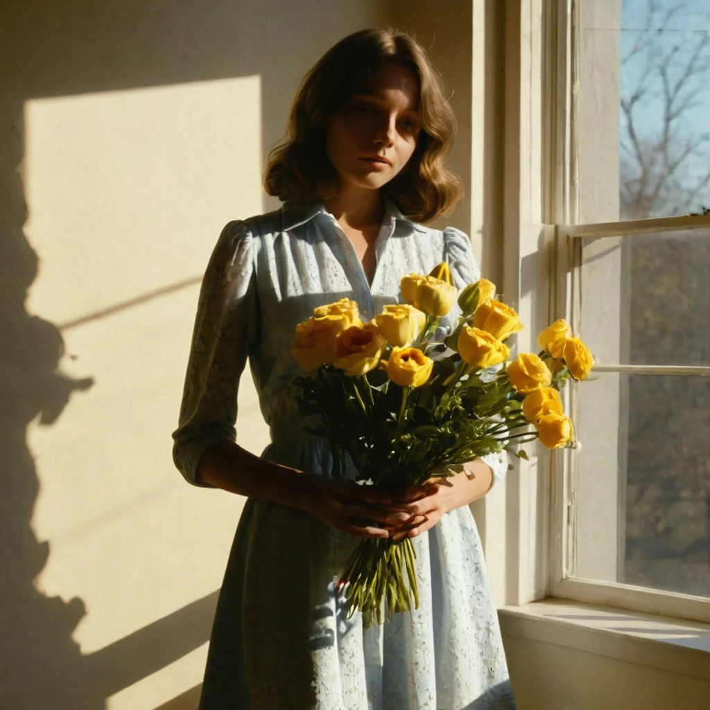 1970s aesthetic, girl holding flower bouquet, windows, long shadows, cinematic