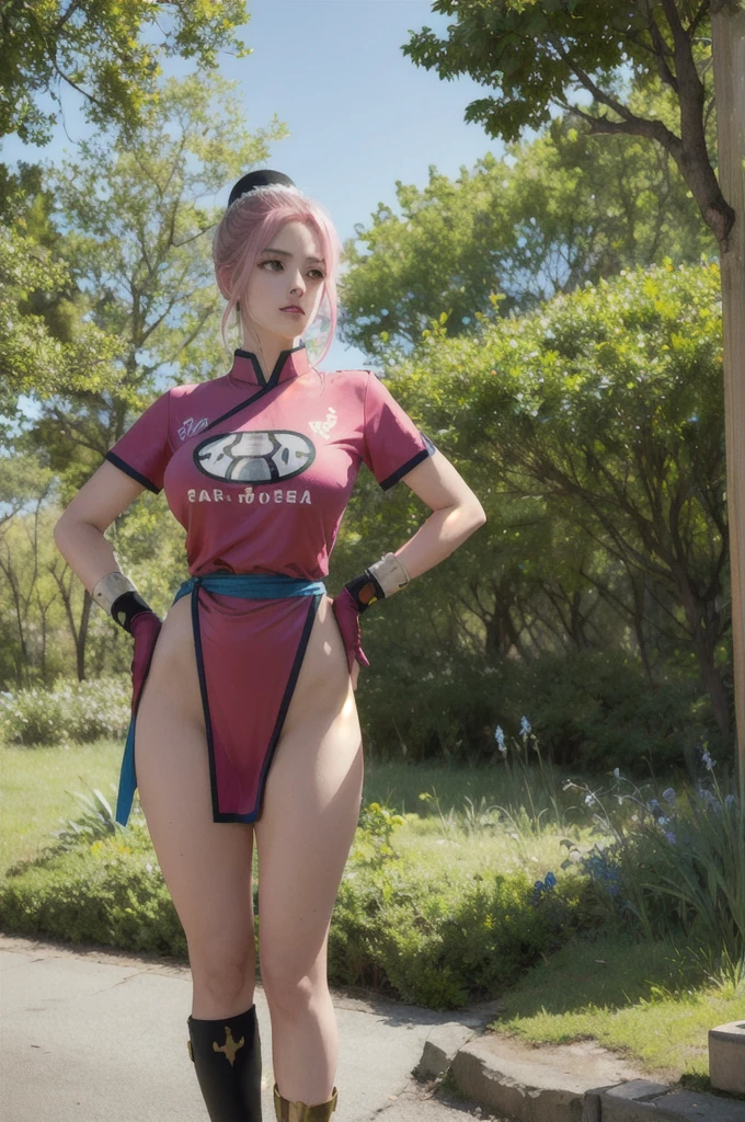 maam,big breasts,beautifuleyes,narrow waist,realistic,solo,outdoor,forest, martialMaam,pink hair,hair bun,long hair,china dress,short sleeves,sash,fingerless gloves,beautiful legs,(hands on hips, looking away),