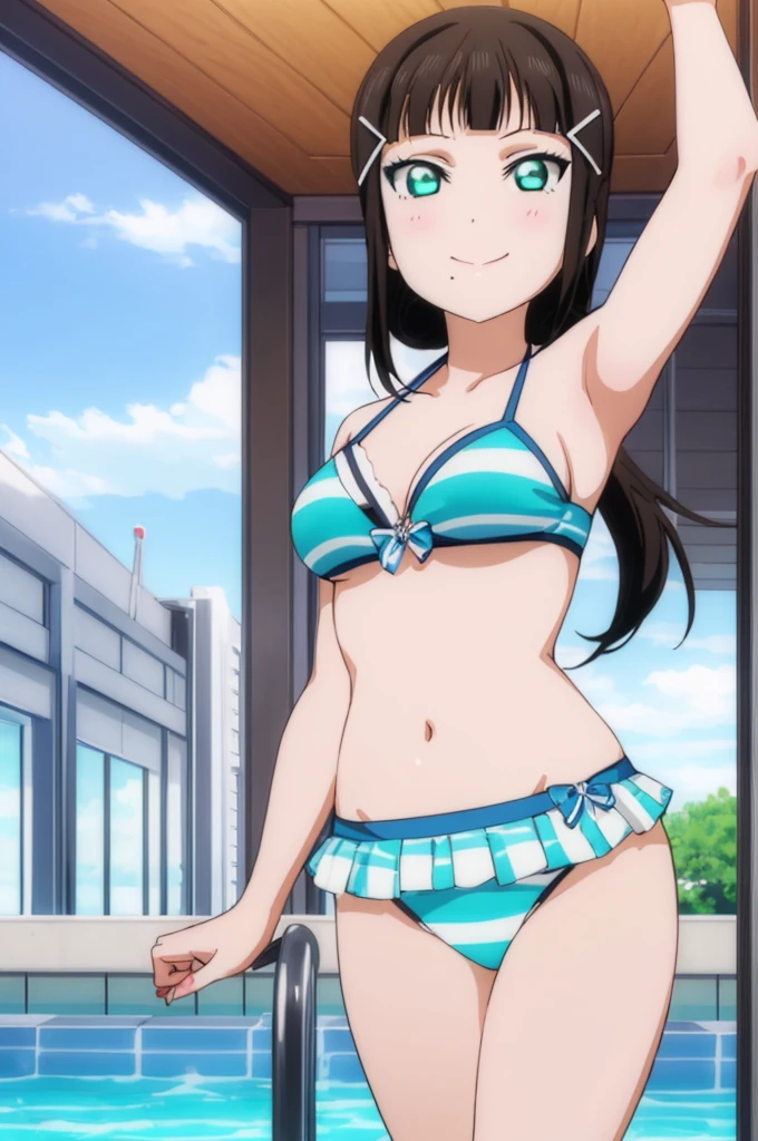 (((pixel-perfect, detail-perfect))), solo, 1girl, dia kurosawa, smile, pool, bikini armpit, medium filesize, ultra High Qality