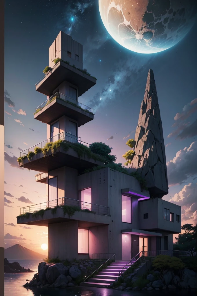 anime (best-quality:0.8), (best-quality:0.8), perfect anime illustration, we've been trying to reach you about your cars extended warranty, An illustration in collage style, with giant boulders, brutalist building sections, terraces, stairs, cacti, agave, concrete texture, multiple geometric shapes, hatch and cross hatching, planet saturn, volcano, moon, Luis Barragán's architectural style build, milky way galaxy, violet, one motorcycle, An illustration in collage style, with giant boulders, brutalist building sections, stairs, cacti, agave, concrete texture, multiple geometric shapes, hatch and cross hatching, planet saturn, volcano, moon, Luis Barragán's architectural style build, reflective pool, terraces. An elegant and modern build, in top of big boulders, with terraces, materials concrete, wood, steel and crystal, various gardens with tropical vegetation, cacti and rocks, stairs, a pool. In middle of sea, a big wave near, sunset, mountains and a volcano in the horizont, cute islands around, illustration format, cute color palette, detailed, masterpiece, award-winning work A 1999 Nissan GTR in Tron form r34 horizonte Lamborghini under a pink and purple sky, an anime drawing by Makoto Shinkai, trending on pixiv, magical realism, beautiful anime scene, cosmic skies. by makoto shinkai, ( ( makoto shinkai ) ), by makoto shinkai, anime background art, style of makoto shinkai
