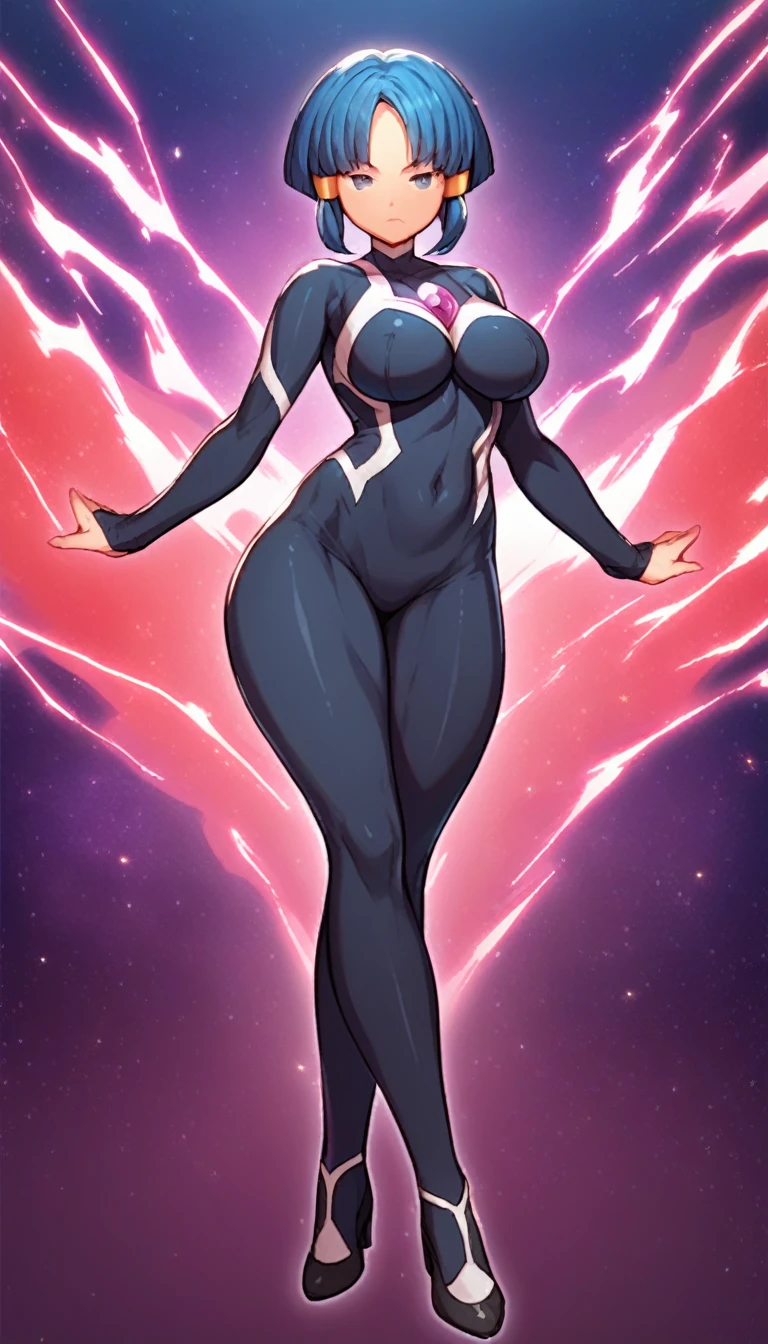 best quality,ultra detailed,solo,score_9, score_8_up, score_7_up, score_6_up, score_5_up, score_4_up, source_anime, 1girl, clara, blue hair, hair tubes, grey eyes, bodysuit,big breasts, standing sexy pose, (front view,portrait),full body,heavenly ass, heavenly breasts, big ass, no shoes, wearing black heels, upset, face, long legs, tight bodysuit, tight sleeves, black bodysuit, half-closed eyes, backside, charging dark power, charging dark energy, dark energy, using dark power, using energy, using dark energy, charging dark energy,