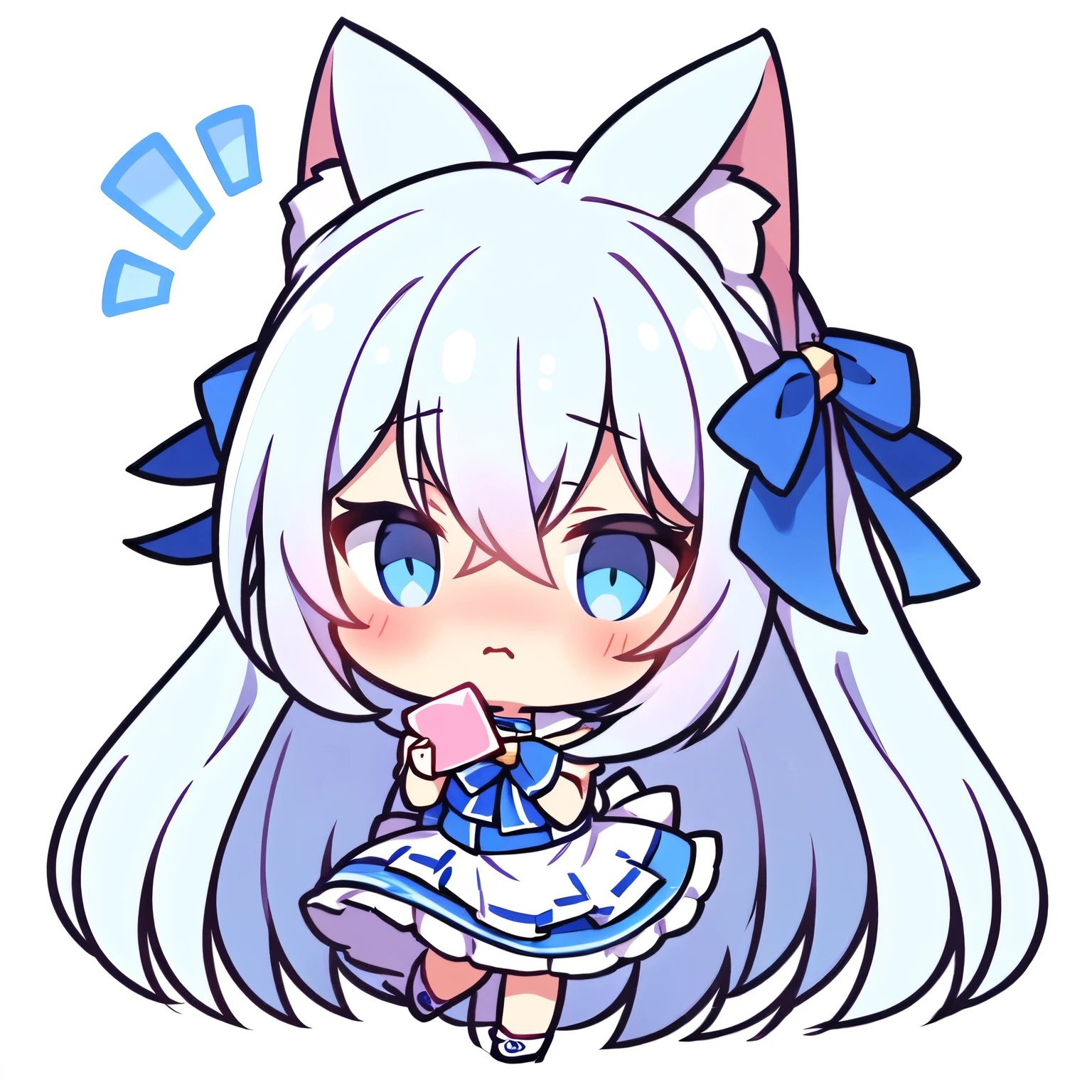 masterpiece，best quality，girl，Long hair，Pig head，Messy hair，Blue and White Ombre Hair，White background，Shy expression，A blushing expression，Shy face，详细的girl头像，Third view，9 emoticons，Three-quarter body position，Side facial expression，Turn your head and look away，The attitude of not daring to look directly，Bow your head，Blush，