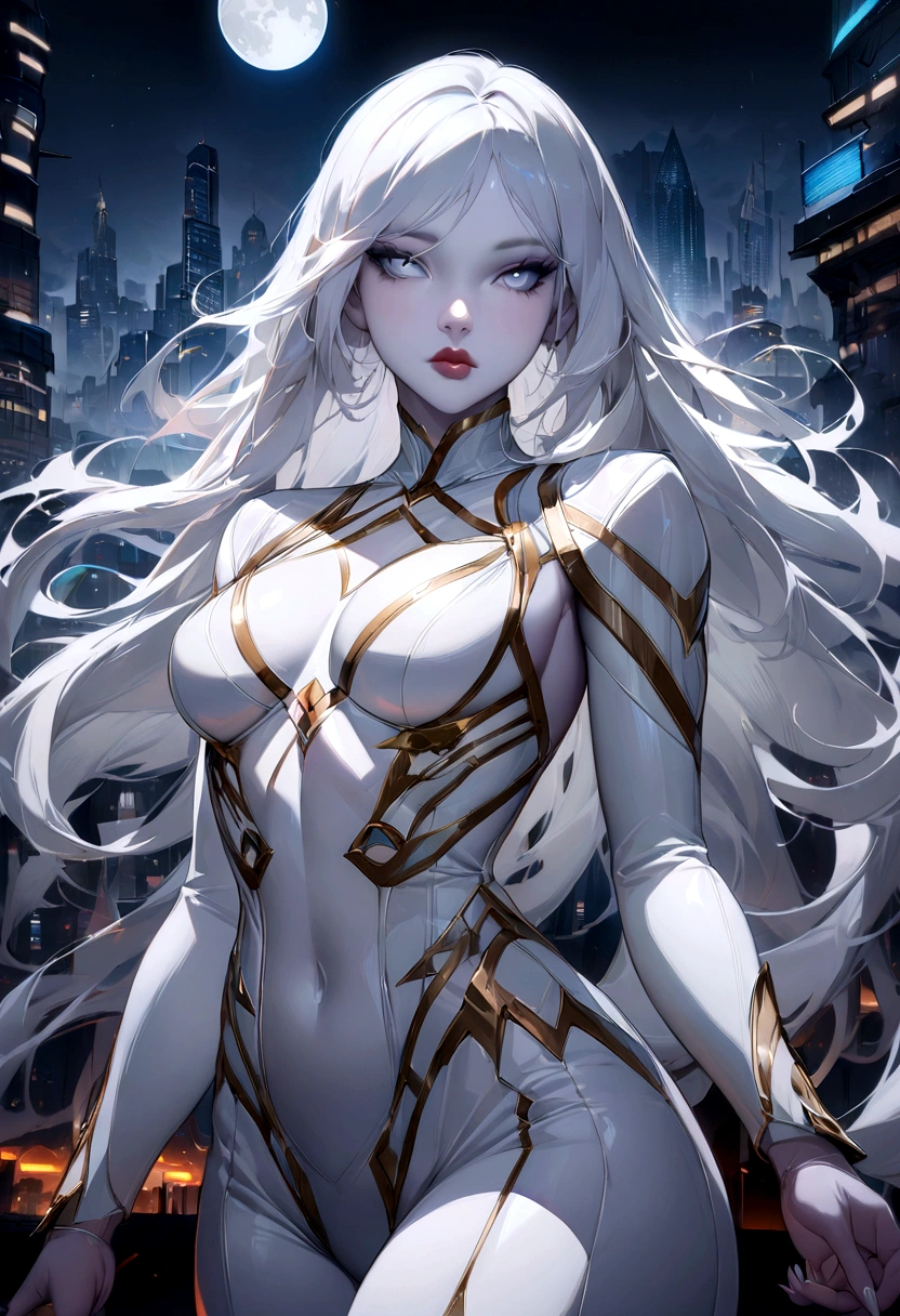 masterpiece, highest quality, (solo focus), (perfect face:1.1), (high detail:1.1),dramatic, 1guy, (pale skin), long white hair, white eyes, solo, long hair, moon, night, white luxury suit, covered navel, pouty lips, covered, futuristic city, detailed background, art by artgerm and greg rutkowski, cinematic lighting,