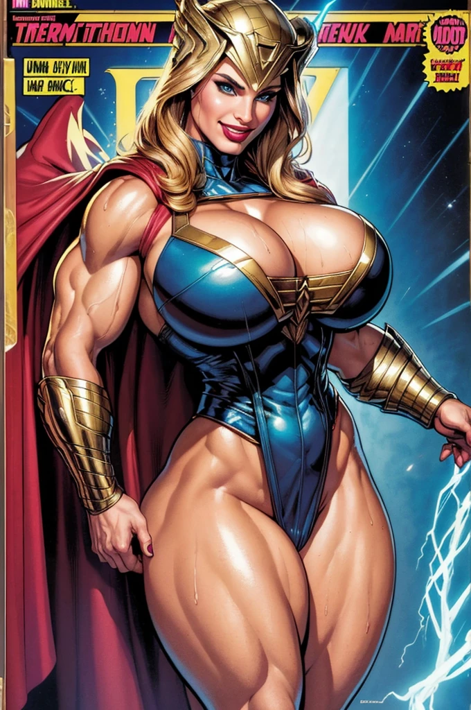 Masterpiece, ((330 lb)), the beauty of a goddess, enhancer image, ultra-detailed face, ((8 0 s art Marvel comic book cover:1.3)), ((front view)), blonde, ((elegant 80s style volumous hair)), vintagepr0n, ((fringe)), caucasian, (( seductive look)), ((Thor from Avengers)), ((detailed thor helmet)), cape, ((glossy skin)), 8 0 s atmosphere, ((oiled skin)), ((smiling)), ((MASSIVE MUSCLES)), ((RIPPED)), sweating, stunning, smooth, ((eyeliner)), simetric, ((wide hips)), ((hourglass waist)), perfect proportions, red lips, cleltra realistic, ((pubic hair)), thick, cinematic light, speech ballon, ((comic book panel background))