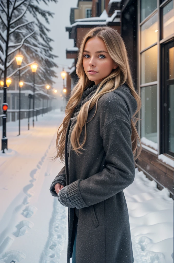 professional portrait photograph of a gorgeous Norwegian girl in winter clothing with long wavy blonde hair, sultry flirty look, gorgeous symmetrical face, cute natural makeup, wearing elegant warm winter fashion clothing, ((standing outside in snowy city street)), stunning modern urban environment, ultra realistic, concept art, elegant, highly detailed, intricate, sharp focus, depth of field, f/1. 8, 85mm, medium shot, mid shot, (((professionally color graded))), bright soft diffused light, (volumetric fog), trending on instagram, hdr 4k, 8k