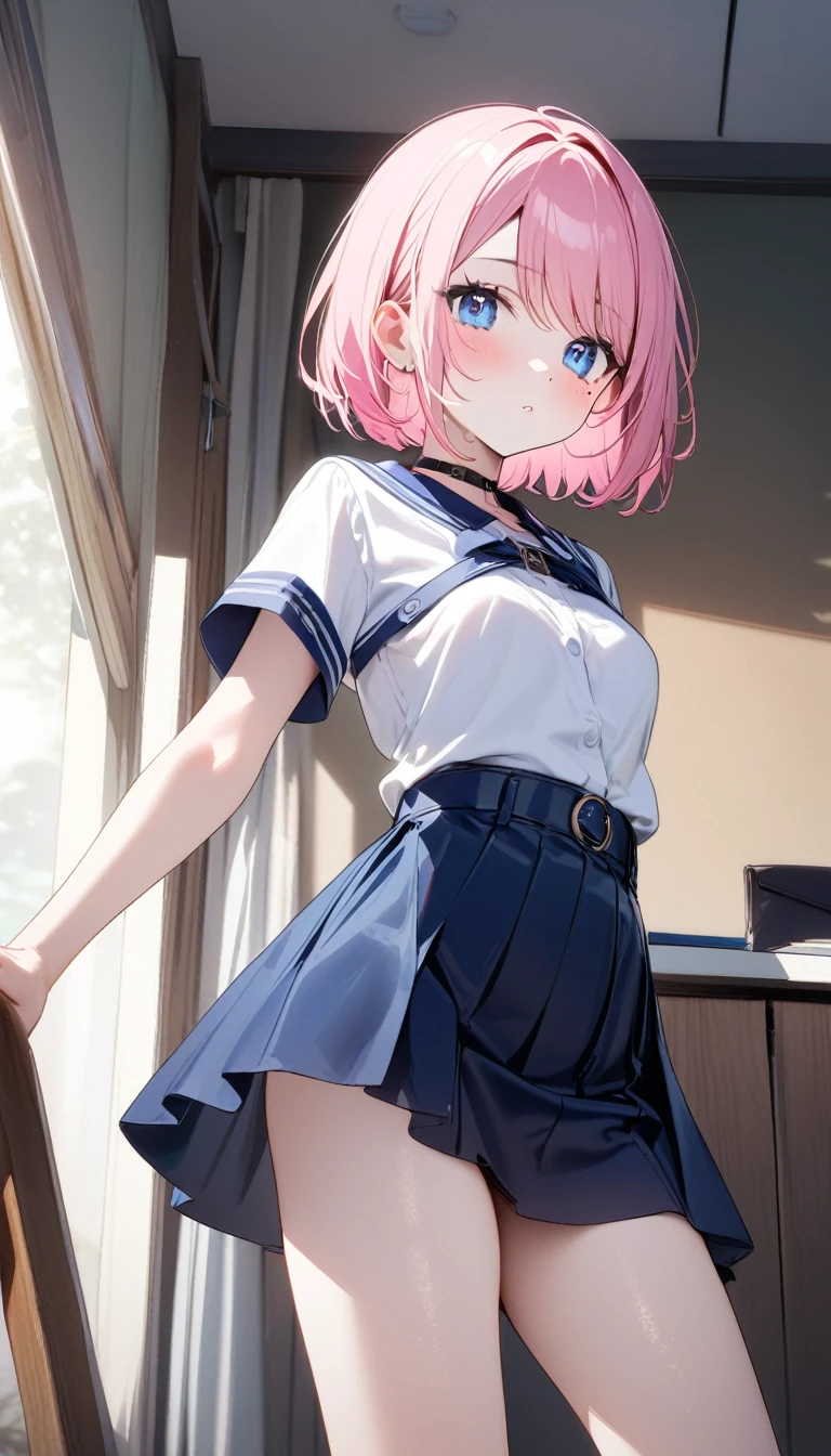 (1 girl),(Best Picture Quality, 8K, Masterpiece:1.3), (high school student:1.5), ((pink lob hair:1.1)), (bob cut),(swept bangs), (cute eyes, pupil black, iris skyblue, youthful face), (mole under right eye), (standard weight), (small breasts), (glistening skin:1.1),(pale skin:1.2), ((Fetish fashion:1.4), white short sleeve simple shirt, darkblue skirt)),