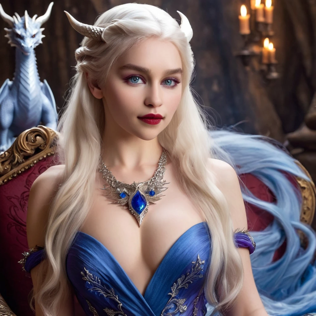 Queen of the White Dragon, young woman, "EMÍLIACLARKE", elegant blue dress, large breast, Curvy, hair blonde targaryen, Super Long Hair, soft facial features, White dragon horns on his head, majestic woman, silver jewelry decoration on her Ruby dress, Silver Star Queen, Big violet eyes, nud lips, White dragons, starly sky