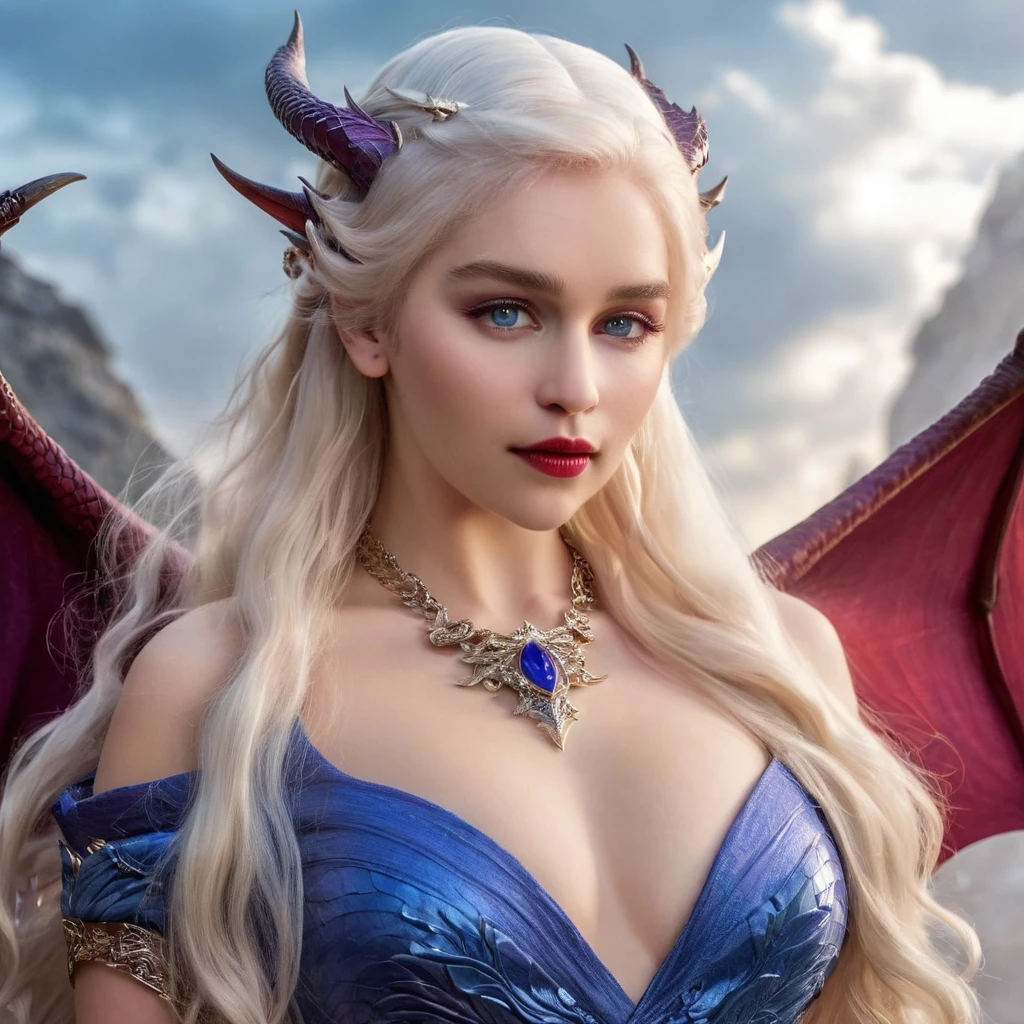 Queen of the White Dragon, young woman, "EMÍLIACLARKE", elegant blue dress, large breast, Curvy, hair blonde targaryen, Super Long Hair, soft facial features, White dragon horns on his head, majestic woman, silver jewelry decoration on her Ruby dress, Silver Star Queen, Big violet eyes, nud lips, White dragons, starly sky
