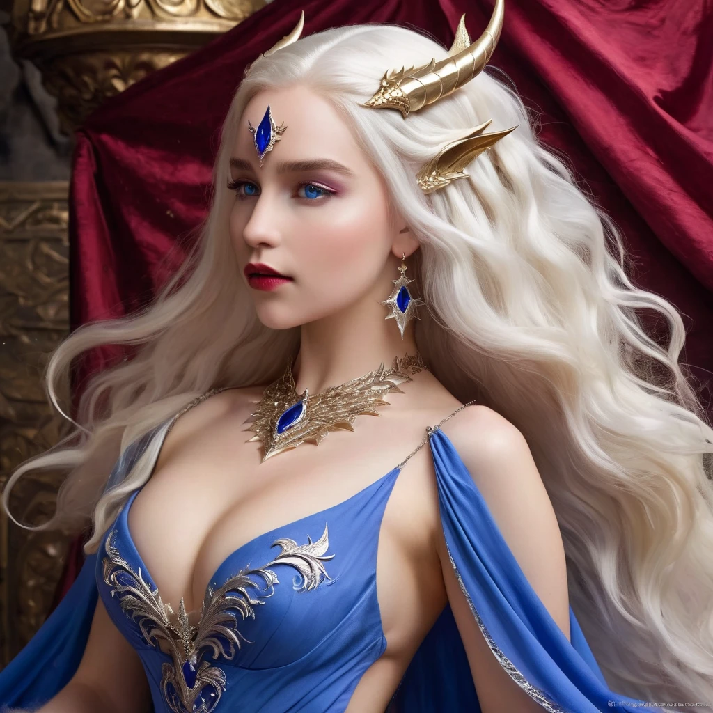 Queen of the White Dragon, young woman, "EMÍLIACLARKE", elegant blue dress, large breast, Curvy, hair blonde targaryen, Super Long Hair, soft facial features, White dragon horns on his head, majestic woman, silver jewelry decoration on her Ruby dress, Silver Star Queen, Big violet eyes, nud lips, White dragons, starly sky