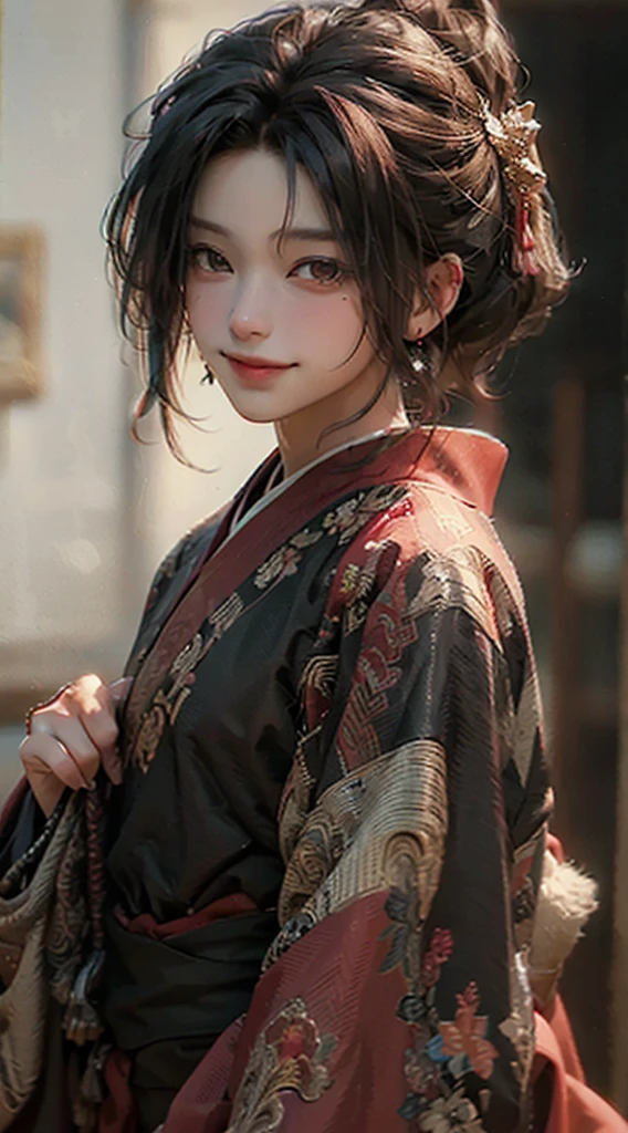 ((best quality)), ((Masterpiece)), (details:1.4), 3d, man, short brown hair, brown eyes, handsome, evil smile, Wearing a black and red robe