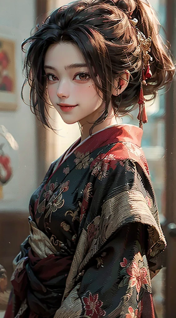 ((best quality)), ((Masterpiece)), (details:1.4), 3d, man, short brown hair, brown eyes, handsome, evil smile, Wearing a black and red robe