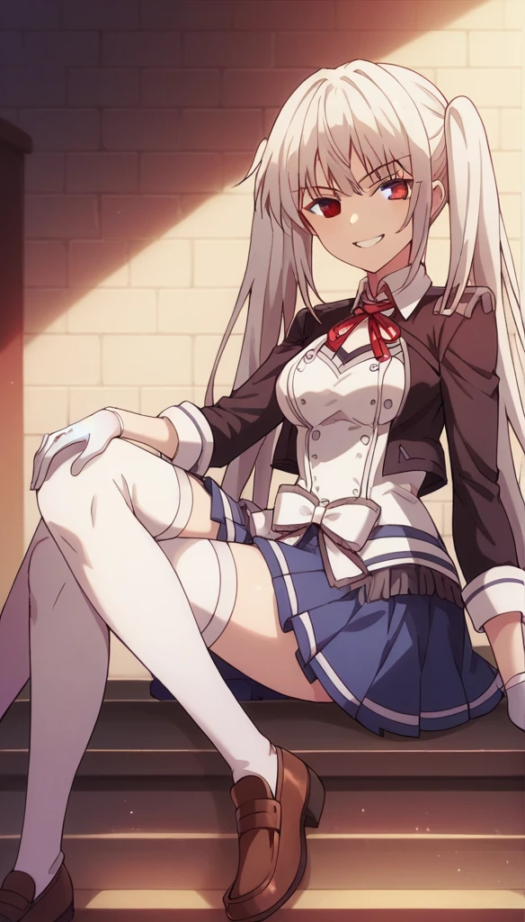 1girl, solo, long hair, breasts, looking at viewer, smile, blue eyes, red eyes, long hair, medium breasts, looking at viewer, smile skirt, shirt, thighhighs, gloves, long sleeves, ribbon, twintails, sitting, very long hair, , black jacket, white shirt, white hair, pleated skirt, shoes, white gloves, grin, white thighhighs, red ribbon, blue skirt, neck ribbon, low twintails, heterochromia, brown footwear, crossed legs, loafers,