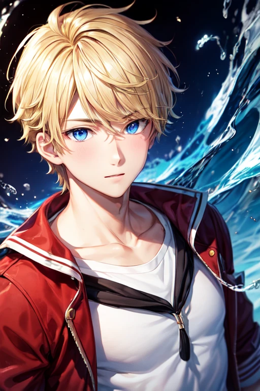 22-year-old boy with light blonde hair and bright blue eyes with a red background, wearing school clothes and with hydrokinesis powers