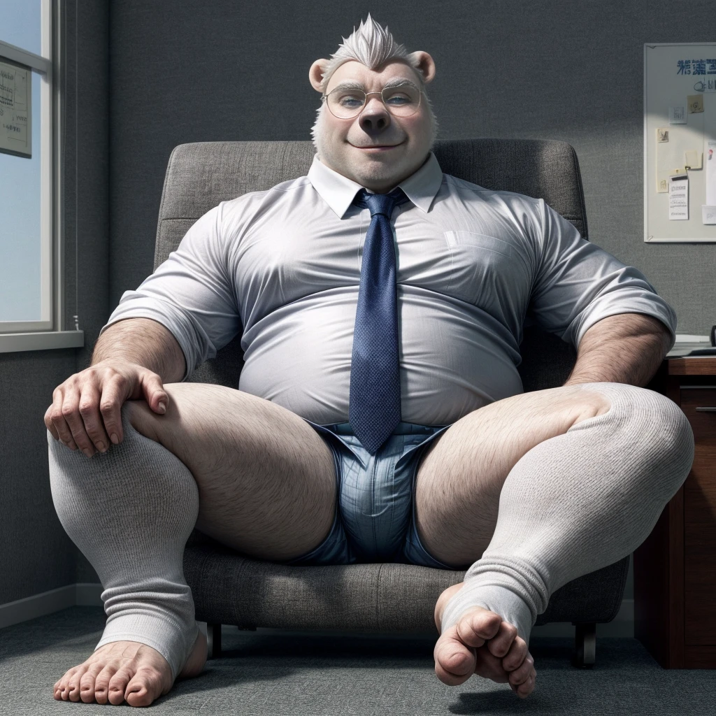 chubby polar bear male dad office suit white shirt slighly well built , blue eyes glasses, head crest white hair, levitating relaxing spread legs, five toes feet with white ankle sock, disney profile, full body smug , kemono ,