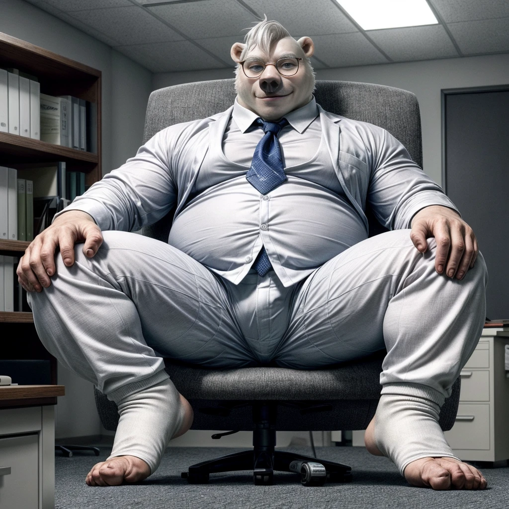 chubby polar bear male dad office suit white shirt slighly well built , blue eyes glasses, head crest white hair, levitating relaxing spread legs, five toes feet with white ankle sock, disney profile, full body smug , kemono ,