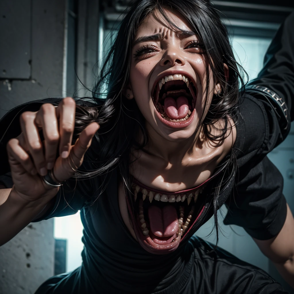 A possessed girl screaming towards the camera