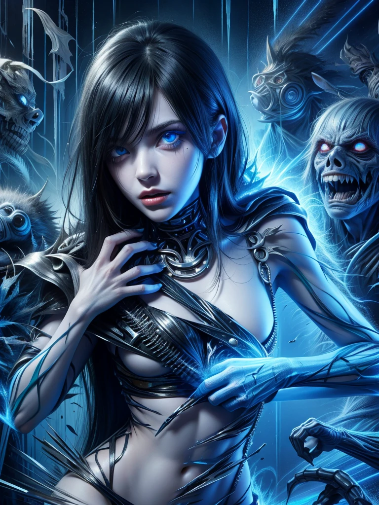 sexual girl, slutty, ugly man, multiple boys, gangbang, monster, horror, black hair, slender body, blue eyes, mascara, torn clothes