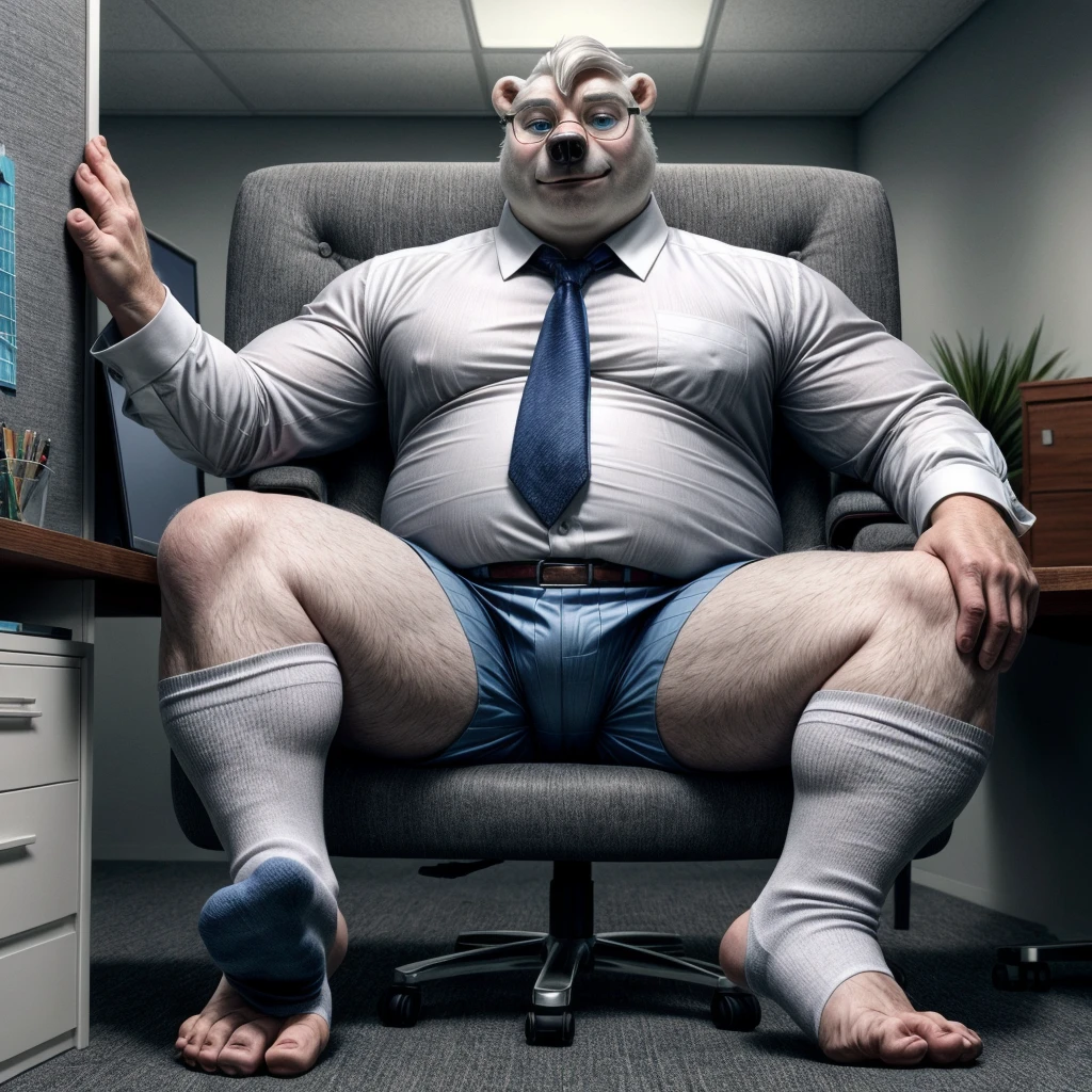 chubby polar bear male dad office suit white shirt slighly well built , blue eyes glasses, head crest white hair, levitating relaxing , five toes feet with white ankle sock, disney profile, full body smug , high quality