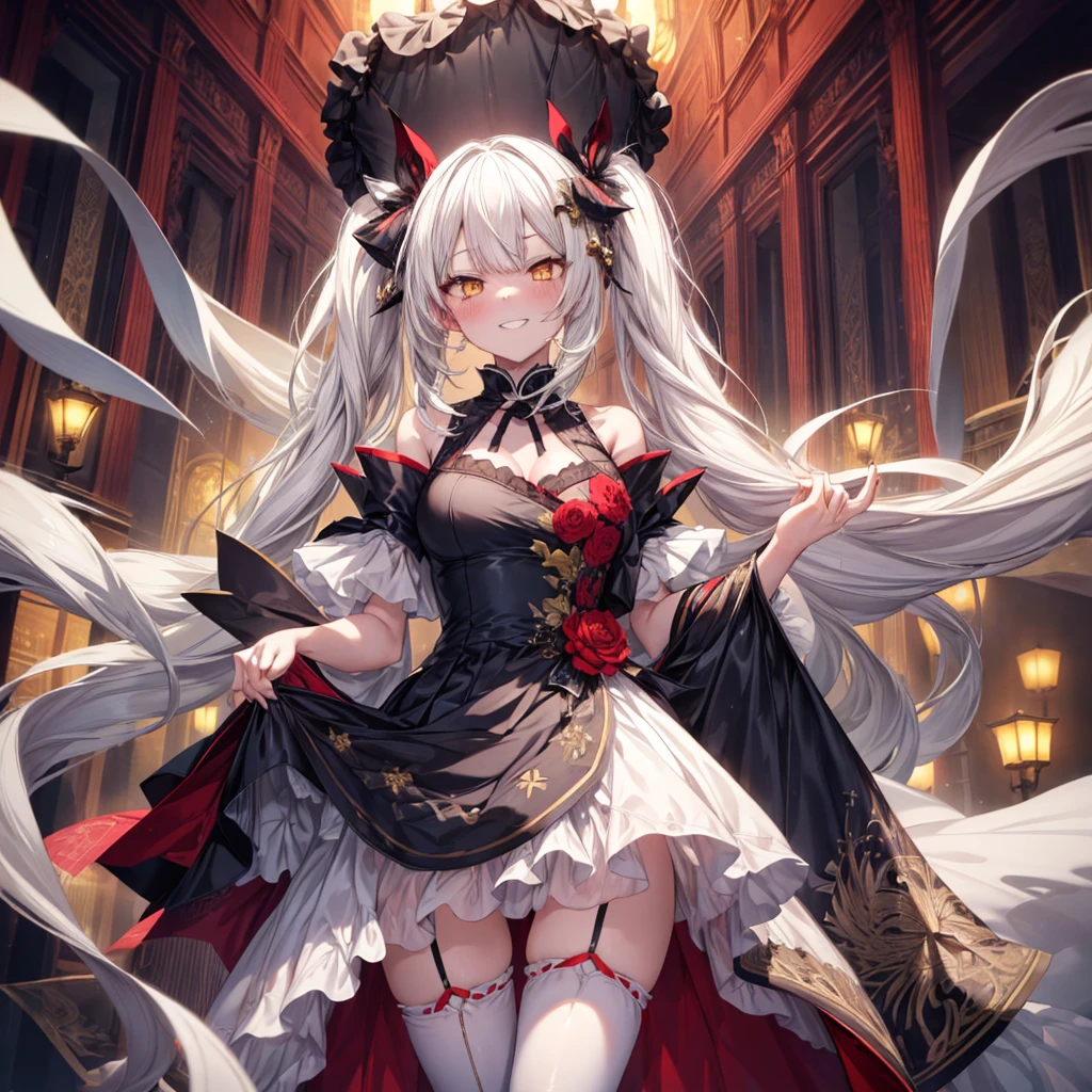 ((Highest quality)), ((masterpiece)), (detailed), there is a sexy girl with white hair and white eyes in a dress, 1girl, 独奏, breasts, long hair, thighhighs, yellow eyes, looking at viewer, twintails, dress, blush, evil grin, aroused, bare shoulders, from below