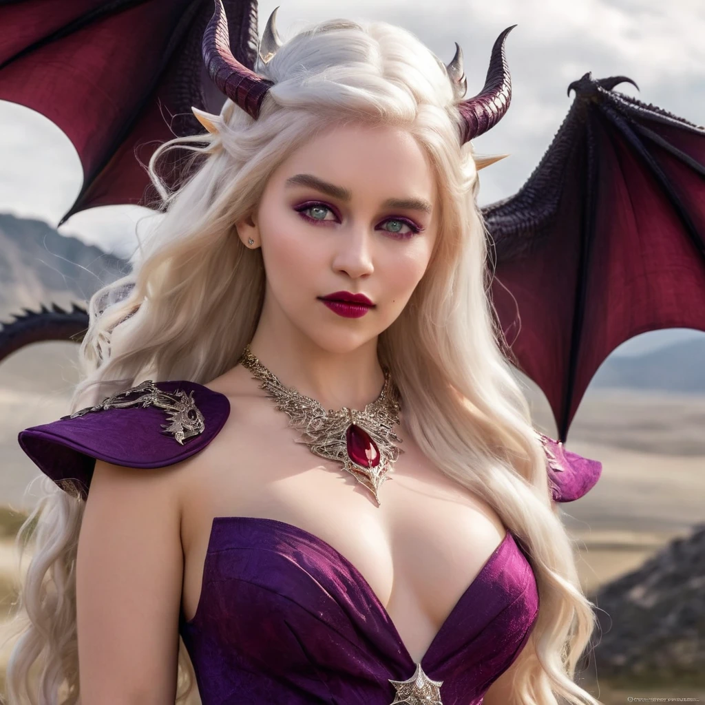 Queen of the White Dragon, young woman, "EMÍLIACLARKE", elegant Ruby dress, large breast, Curvy, hair blonde targaryen, Super Long Hair, soft facial features, White dragon horns on his head, majestic woman, silver jewelry decoration on her black dress, Silver Star Queen, Big violet eyes, nud lips, White dragons, starly sky