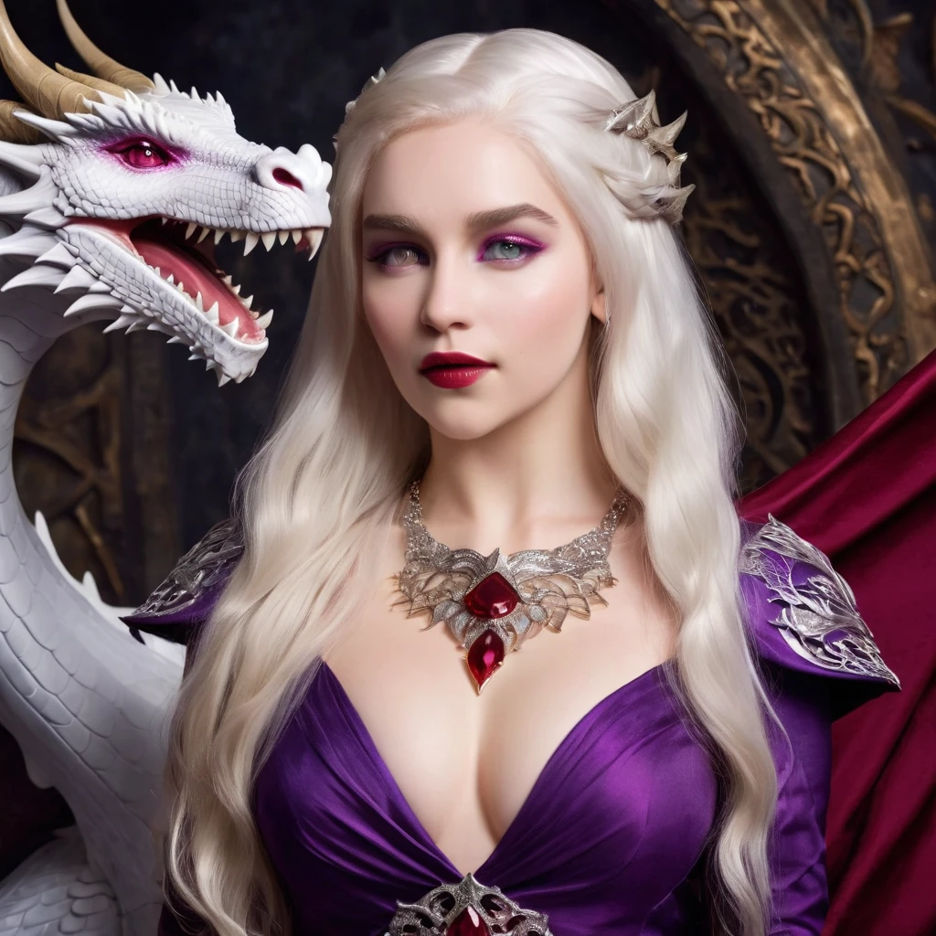 Queen of the White Dragon, young woman, "EMÍLIACLARKE", elegant Ruby dress, large breast, Curvy, hair blonde targaryen, Super Long Hair, soft facial features, White dragon horns on his head, majestic woman, silver jewelry decoration on her black dress, Silver Star Queen, Big violet eyes, nud lips, White dragons, starly sky