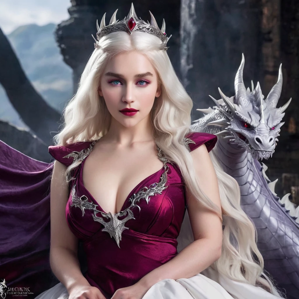 Queen of the White Dragon, young woman, "EMÍLIACLARKE", elegant Ruby dress, large breast, Curvy, hair blonde targaryen, Super Long Hair, soft facial features, White dragon horns on his head, majestic woman, silver jewelry decoration on her black dress, Silver Star Queen, Big violet eyes, nud lips, White dragons, starly sky