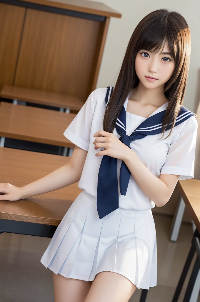 ((masterpiece, Highest quality, High resolution)), 1 Japanese girl, (Realistic: 1.4),Great face and eyes, iris, 15 years old, Medium Hair, (Beautiful Hair:1.5), (Skinny body type:1.2), Glowing Skin, (Sailor suit:1.2),Pleated skirt、it at a desk, School classroom, Top View, Smooth, Highly detailed CG composite 8K wallpaper, High resolutionのRAWカラー写真, Professional photography, Light, BackLight, dream-like, impressive, Written boundary depth
