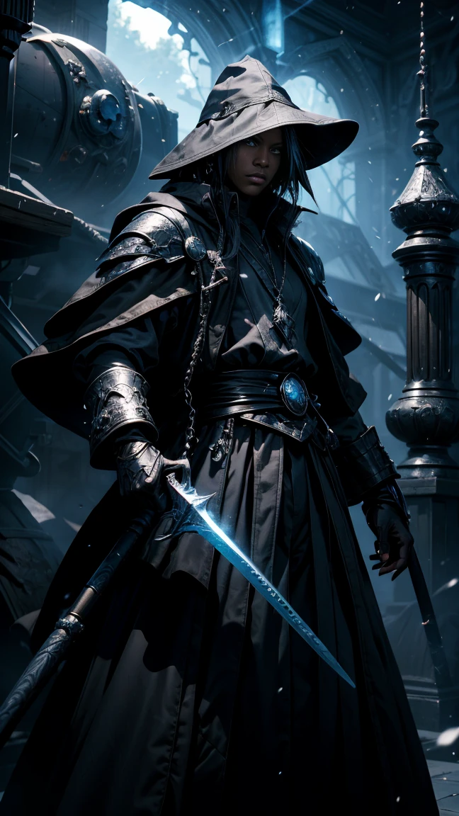 black mage from final fantasy, final fantasy ink style, dramatic lighting, wide angle, 4k, --ar 3:2