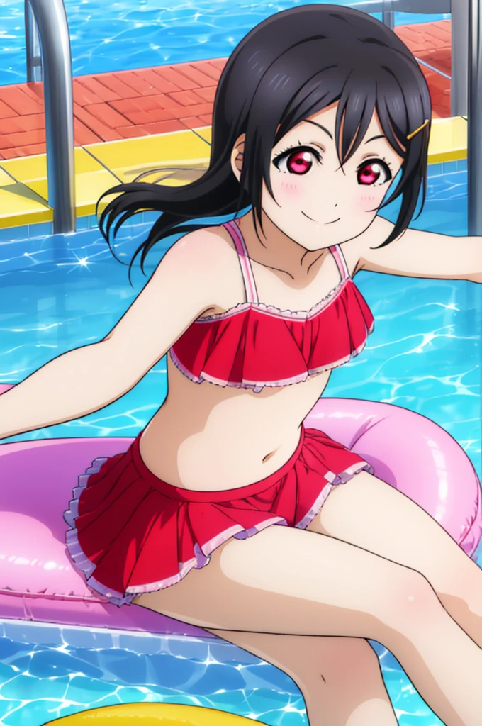 (((pixel-perfect, detail-perfect))), solo, 1girl, Nico yazawa, eyes red, smile, pool, bikini, flat filesize, ultra High Qality