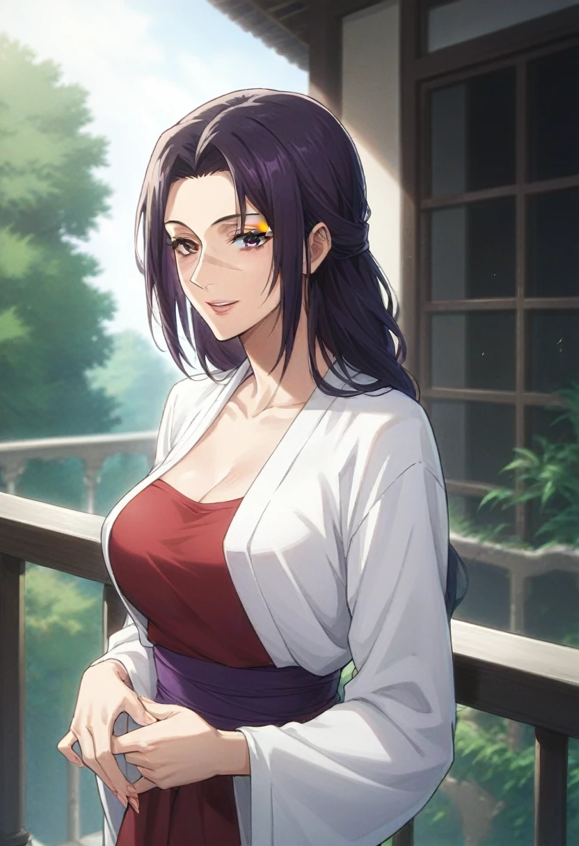 score_9, score_8_up, score_7_up, score_6_up, h1m3n0, 1girl, , mature female,  Utahime , long dark purple tied hair, brown eyes, white kimono with long red dress, scar on face, balcony, seductive pose