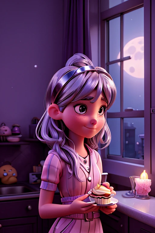 Image where a 25-year-old woman is in her apartment next to her window enjoying the night. In her hand she carries a cupcake and on her head a shiny silver headband. She is in complete solitude in front of the moonlight reflecting on her birthday style. 