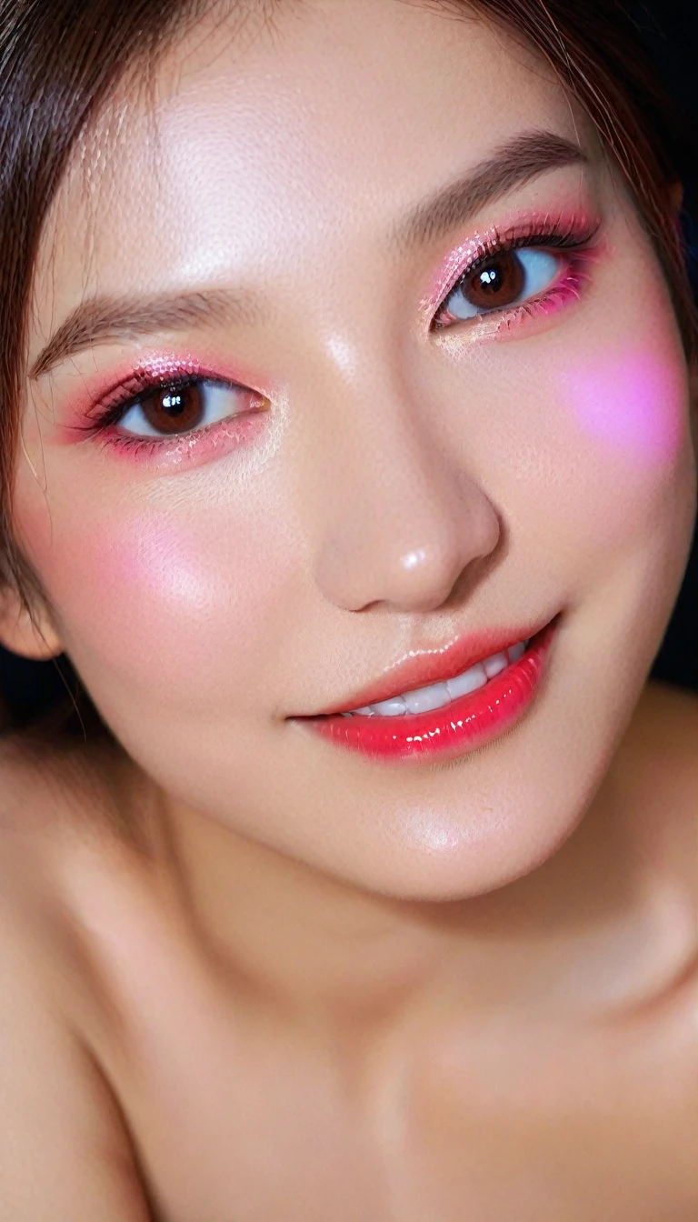 Ultra-realistic movie master pie with ultra-detailed primetime portraits, high quality, 8K, table top, Ultra HD), 1 girl 40 years old、nude supermodel, ((Random style and color hair)), masterpiece, high quality, high quality, High resolution、(close up of face), black_mascara put in Long eyelashes:1.5, dark (eyesshadows:1.35), (Glossy) red_lips:1.24, ((brown_eyes)), (iridescent eyes), vibrant eyes:1.35, high contrast, dark shot:1.5, (seductive smile), ((pink_makeup cheeks:1.2))