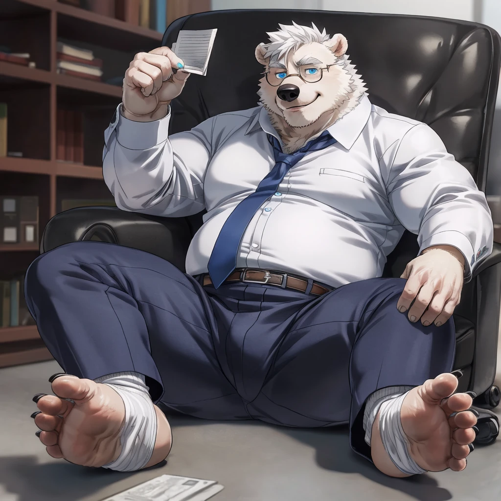 chubby polar bear  male dad office suit  white shirt slighly  well built , blue eyes glasses, head crest white hair, levitating relaxing  spread legs, five toes feet with white ankle sock, disney profile, full body smug , kemono , high quality , by rossciaco