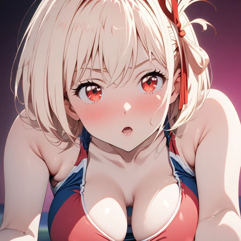(8k, best quality, masterpiece:1.2),(best quality:1.0), (ultra highres:1.0), vivid colors, hair ribbon,lycoris recoil, lesbian, chisato nishikigi, extremely sexy expression on face , nsfw, making eye contact with viewer, full body lewd selfie shot, , chisato nishikigi presenting breasts, athletic body, illuminated pink background, chisatonishikigi stripping clothes off, slender body, (1subject), glowing red eyes, , (track uniform) , (sportswear), (sports bra), (sports bikini),