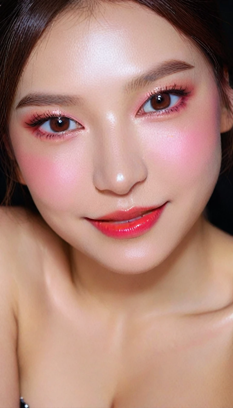 Ultra-realistic movie master pie with ultra-detailed primetime portraits, high quality, 8K, table top, Ultra HD), 1 girl 40 years old、nude supermodel, ((Random style and color hair)), masterpiece, high quality, high quality, High resolution、(close up of face), black_mascara put in Long eyelashes:1.5, dark (eyesshadows:1.35), (Glossy) red_lips:1.24, ((brown_eyes)), (iridescent eyes), vibrant eyes:1.35, high contrast, dark shot:1.5, (seductive smile), ((pink_makeup cheeks:1.2))