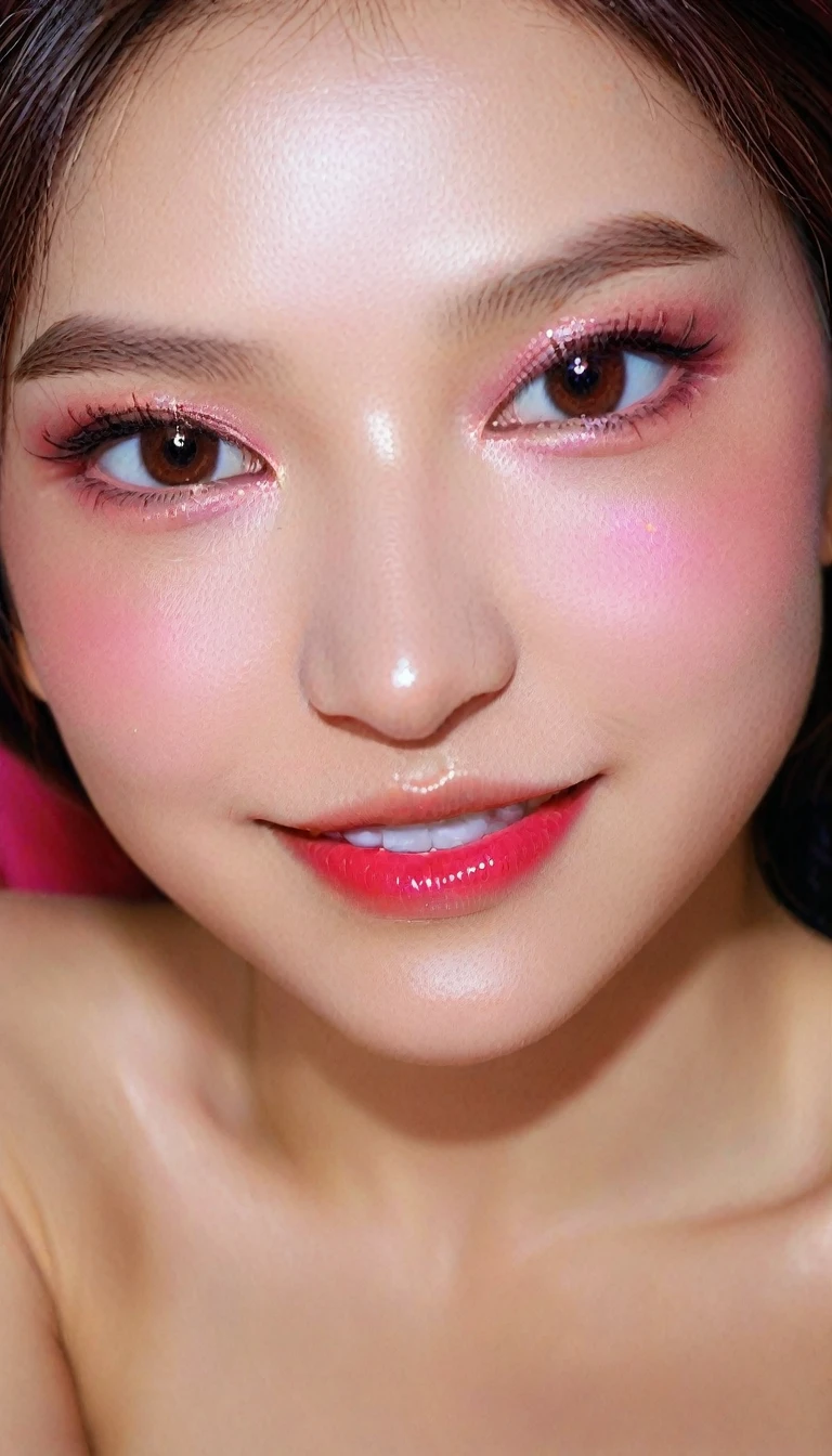 Ultra-realistic movie master pie with ultra-detailed primetime portraits, high quality, 8K, table top, Ultra HD), 1 girl 40 years old、nude supermodel, ((Random style and color hair)), masterpiece, high quality, high quality, High resolution、(close up of face), black_mascara put in Long eyelashes:1.5, dark (eyesshadows:1.35), (Glossy) red_lips:1.24, ((brown_eyes)), (iridescent eyes), vibrant eyes:1.35, high contrast, dark shot:1.5, (seductive smile), ((pink_makeup cheeks:1.2))