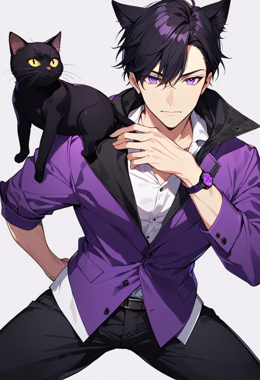 1man, short black hair, black cat ears, bright purple eyes, wearing a purple buttoned jacket, wearing a white undershirt, wearing black pants , wearing a purple watch, showing watch. No cats 