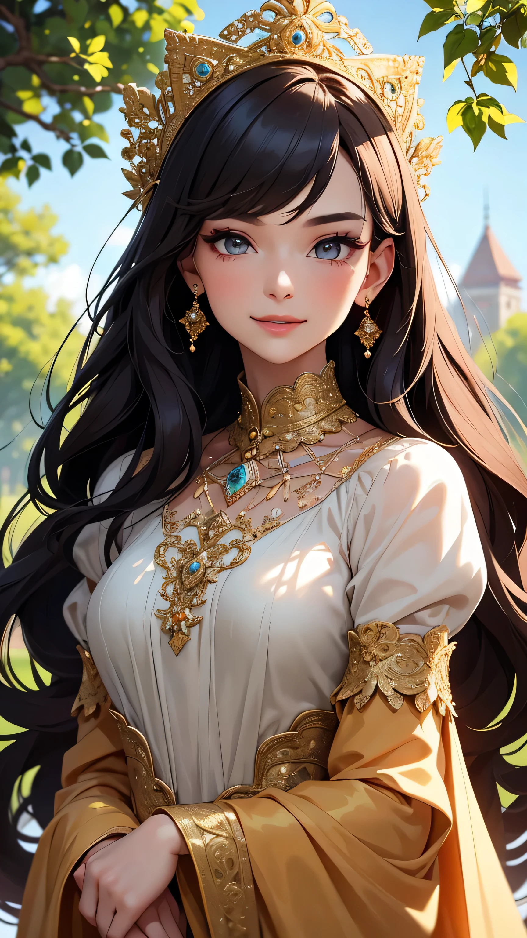 highest quality, (perfect face:1.1, (high detail)1.1, ((best quality)), ((masterpiece)), (detailed), woman 20 Years old ((Very detailed eyes and face)))), super beautiful body, lying on the grass, dressed in an ocher silk dress, looks towards the sky with her head resting on her hands, smiles, the reflection of the sun in her eyes, she is very happy, she is in love