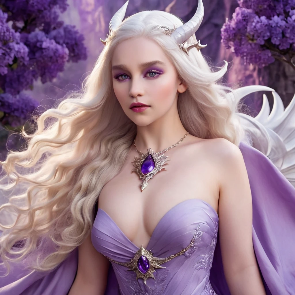 Queen of the White Dragon, young woman, "EMÍLIACLARKE", elegant violet dress, large breast, Curvy, hair blonde targaryen, Super Long Hair, soft facial features, White dragon horns on his head, majestic woman, silver jewelry decoration on her lilac dress, Silver Star Queen, Big violet eyes, nud lips, White dragons, starly sky