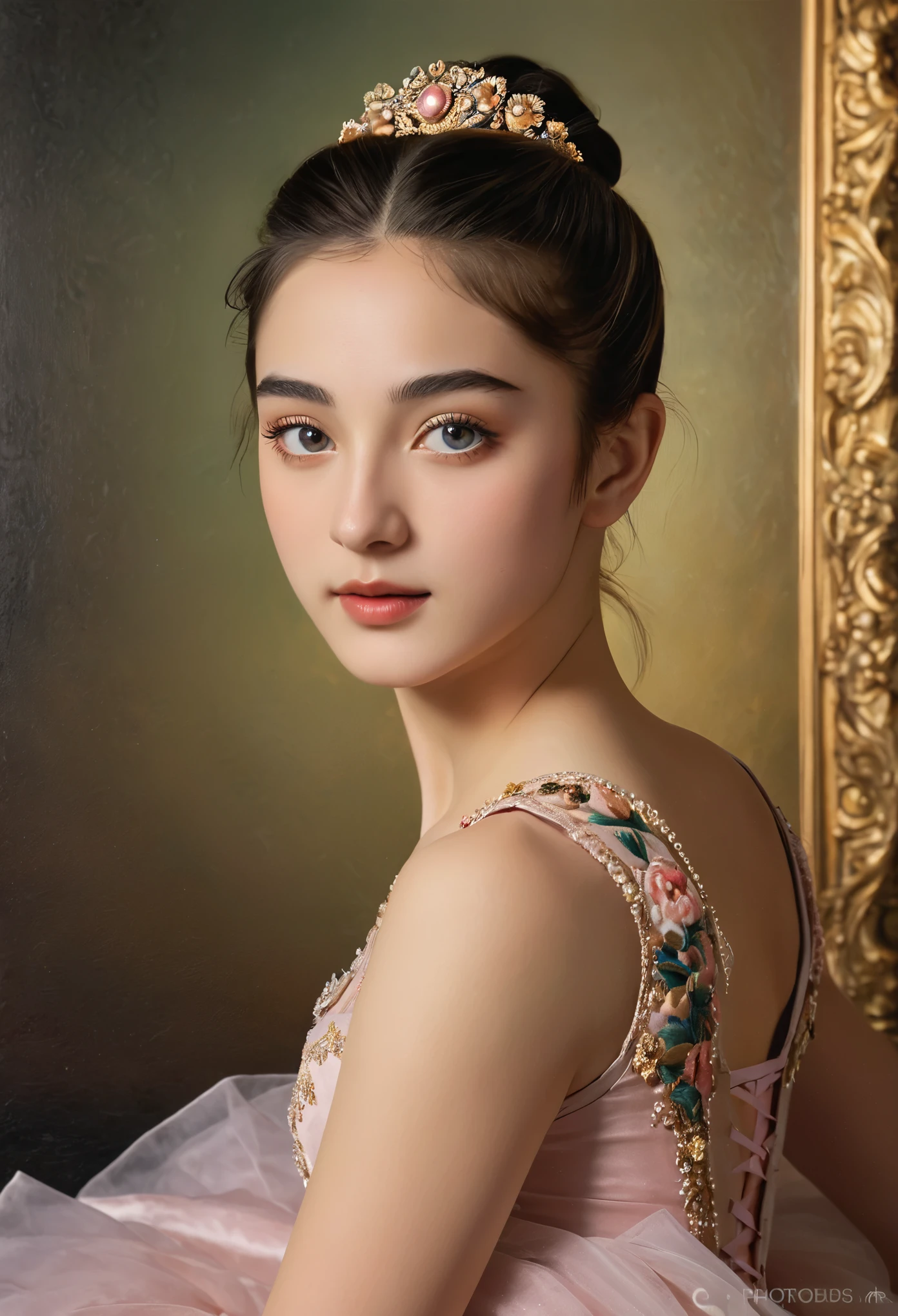 (highres,masterpiece:1.2),(realistic:1.37)"(best quality, highres, ultra-detailed, realistic),beautiful 19th-century portrait of a -yeld Frh ballet dancer, (She is half French and half Japanese, and is a stunning beauty with detailed eyes and a high nose:1.1), thick eyebrows, (elaborate ballet costume:1.4), detailed facial features, long graceful neck, flowing locks of hair, poised and elegant posture, soft and delicate lighting, classic oil painting medium, vibrant colors, subtle background with floral motifs", dreamy atmosphere, Surrealism,mystical aura, Charlie Bowater, 19th-century France, seductive, (best quality,4k,8k,highres,masterpiece:1.2), ultra-detailed, (realistic,photorealistic,photo-realistic:1.37),(Numerous award-winning masterpieces, incredibly detailed and textured, maximal resolution and clarity), (Hyper-realistic:1.4), winking