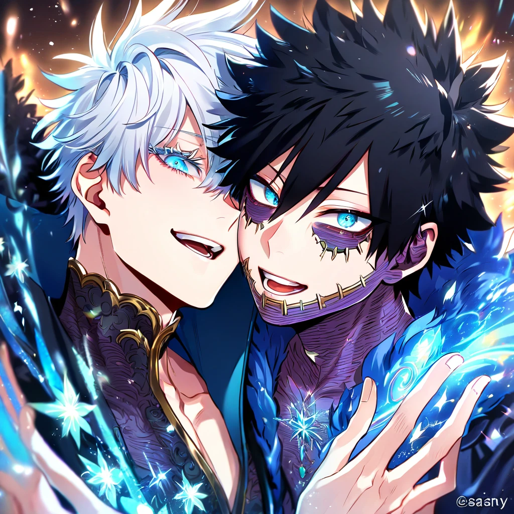 (absurdres, highres, ultra detailed, HDR) master piece, best quality, extremely detailed face, delicated features, Dabi, black hair, expressive turquoise eyes, Boku No Hero Academia, Gojou Satoru, white hair, expressive blue eyes, white eyelashes, two sexy men together, yaoi, gay couple, handsome, smile, black coat, blue coat with fur, magical fantasy, glittering, sparkling, blue roses, radiant, blue sparkling fireflies, blue fire, envy magical, fantasy